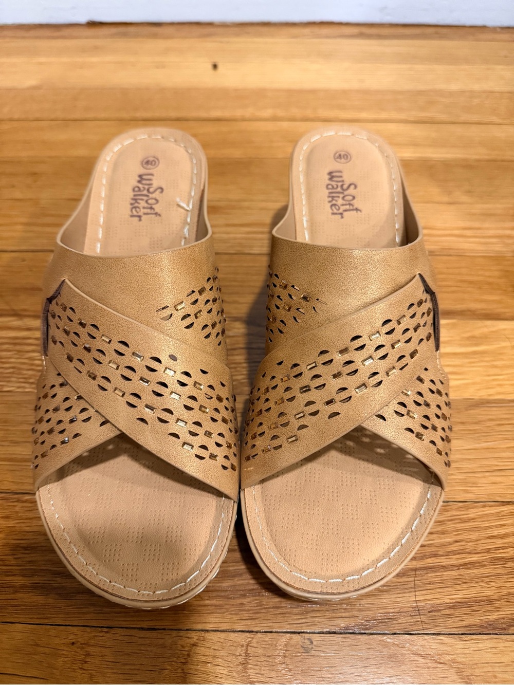 SoftWalk Women's Gold-Tan Crossover Laser-Cut Slide Mules